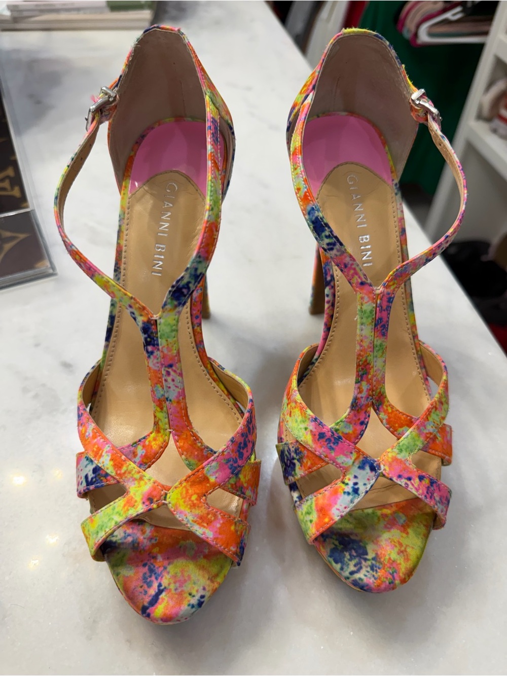 Gianni Bini Multicolor Watercolor T-Strap Heels
